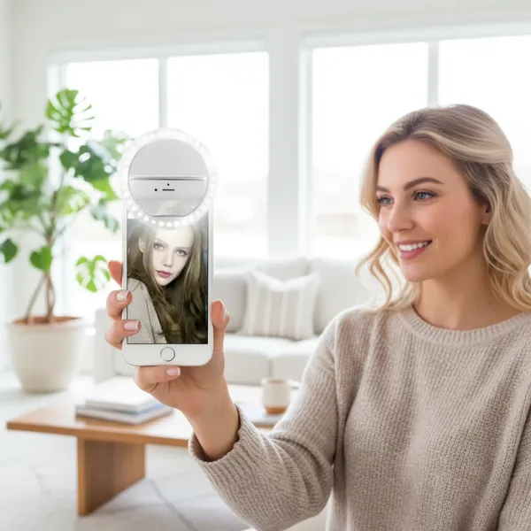 LED Selfie Ring Light pour Smartphone – Éclairage parfait pour selfies Femme utilisant un smartphone avec une LED selfie ring light pour améliorer l'éclairage de son visage lors d'un selfie