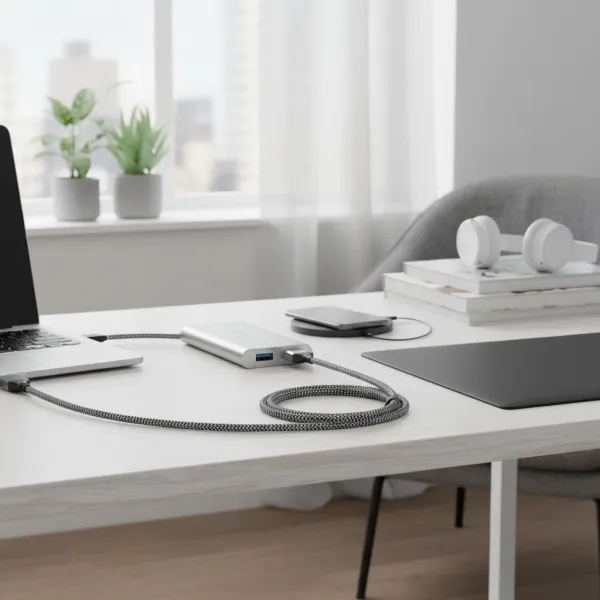 Câble rallonge USB 3.0 haute vitesse 1 mètre connecté à un ordinateur portable et un disque dur externe sur un bureau moderne