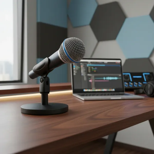 Microphone dynamique G-MARK BETA58A pour enregistrement vocal de qualité Microphone dynamique G-MARK BETA58A sur pied avec ordinateur portable en arrière-plan