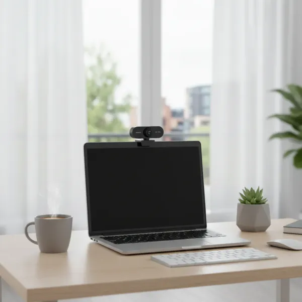 Webcam USB HD 1080P 2K avec Micro et Autofocus pour visioconférences nettes Webcam USB HD 1080P 2K avec micro et autofocus fixée sur un ordinateur portable