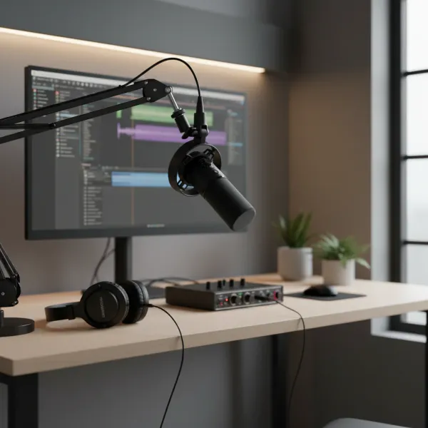 Maono PD300X Micro Dynamique XLR/USB pour enregistrement professionnel Micro Maono PD300X dynamique avec connexion XLR et USB fixé sur bras articulé dans un studio d'enregistrement moderne