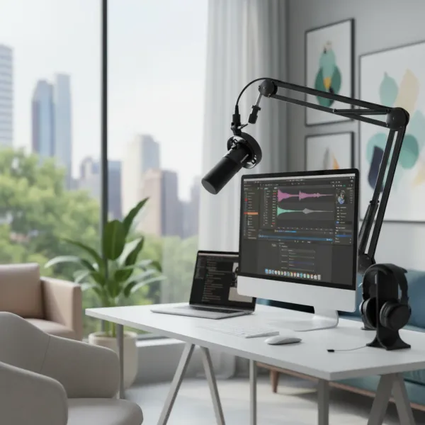 Maono PD300X Micro Dynamique XLR/USB pour enregistrement audio professionnel Micro dynamique Maono PD300X avec connexion XLR et USB monté sur bras articulé dans un bureau moderne