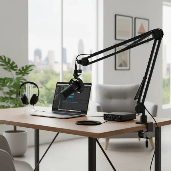 Maono PD300X Micro Dynamique XLR/USB - Microphone professionnel pour enregistrement et streaming Micro dynamique Maono PD300X monté sur bras articulé avec ordinateur portable et casque audio