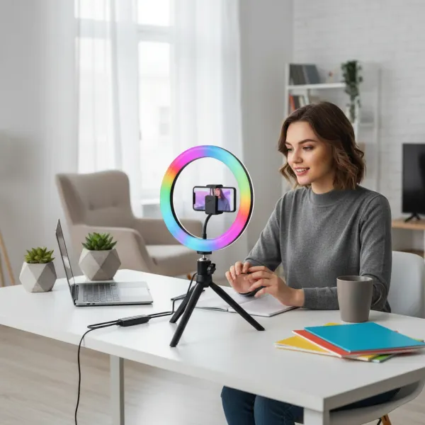 Lampe anneau RGB VeFly avec télécommande pour smartphone utilisée par une femme pour vidéoconférence