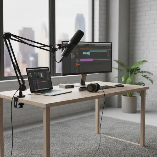 Microphone SM7B dynamique vocal qualité pro suspendu sur bras articulé devant un ordinateur avec logiciels audio en arrière-plan