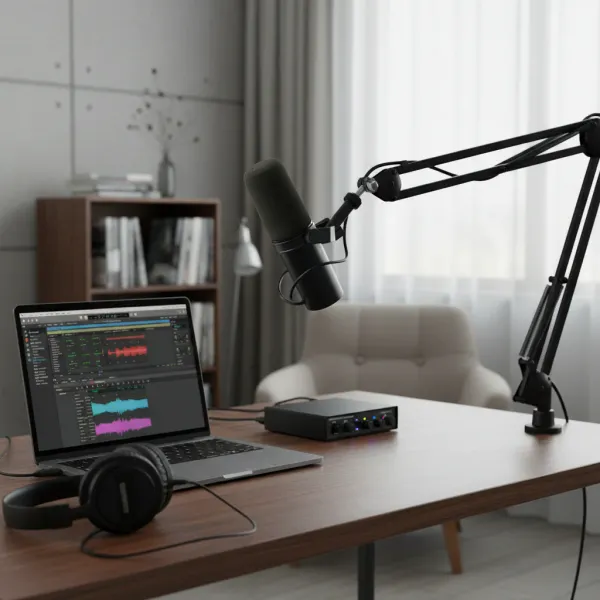 Microphone dynamique vocal SM7B installé sur bras articulé avec ordinateur portable et casque audio sur bureau