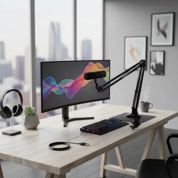 Microphone NearStream condensateur USB/XLR avec bras boom installé sur bureau pour streaming et podcast