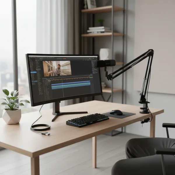 Microphone condensateur NearStream USB et XLR avec bras boom monté sur bureau pour streaming et podcast