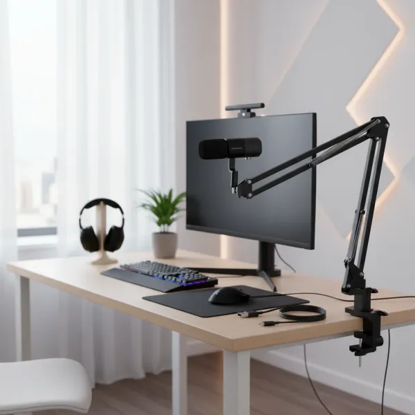 Microphone NearStream condensateur USB/XLR avec bras boom installé sur un bureau de streaming moderne avec clavier, souris, et casque audio