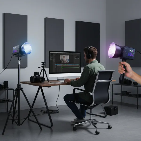 Lampe vidéo LED RGB portable Nagnahz ZGRL-60W pour studio et vidéo Lampe vidéo LED RGB portable Nagnahz ZGRL-60W utilisée en studio de montage vidéo
