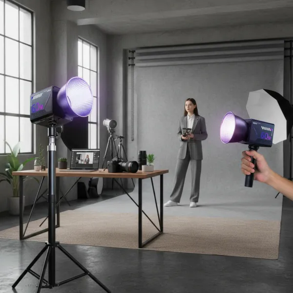 Lampe vidéo LED RGB portable Nagnahz ZGRL-60W pour studio photo et vidéo Lampe vidéo LED RGB portable Nagnahz ZGRL-60W allumée violet avec modèle en arrière-plan dans studio photo