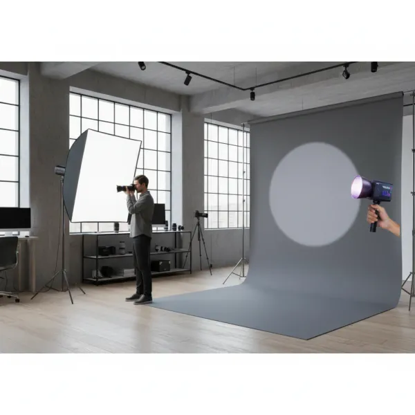 Lampe vidéo LED RGB portable Nagnahz ZGRL-60W pour studio photo et vidéo Lampe vidéo LED RGB portable Nagnahz ZGRL-60W utilisée dans un studio photo professionnel avec un photographe