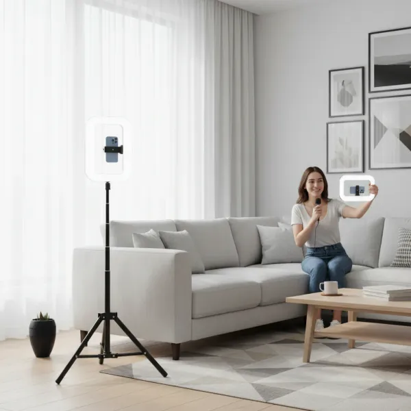 Anneau LED portable rechargeable 20W LEAFILLIGHT Y200 bi-color avec support et utilisation facile Anneau LED portable rechargeable 20W LEAFILLIGHT Y200 bi-color avec support et usage à main