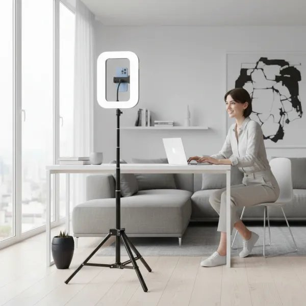 Anneau LED portable rechargeable 20W LEAFILLIGHT Y200 bi-color avec trépied et support smartphone Anneau LED portable rechargeable 20W LEAFILLIGHT Y200 bi-color avec support trépied et smartphone en utilisation devant un ordinateur portable