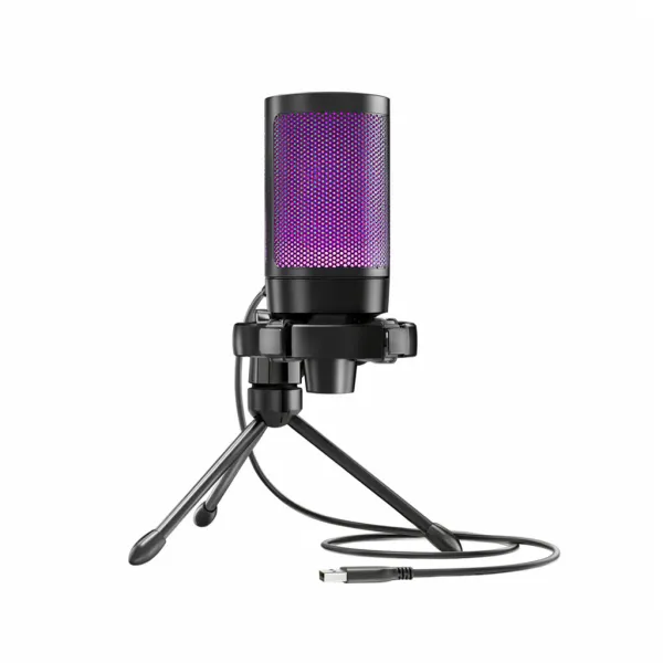 Microphone AmpliGame A2 USB Condenser avec éclairage RGB violet et pied trépied