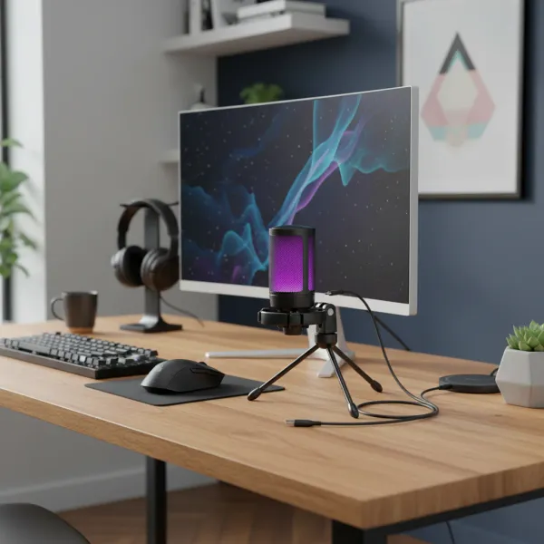 Microphone AmpliGame A2 USB condenser RGB avec fonction Quick Mute sur bureau gaming