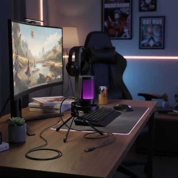 Microphone AmpliGame A2 USB à condensateur avec éclairage RGB violet sur bureau gaming