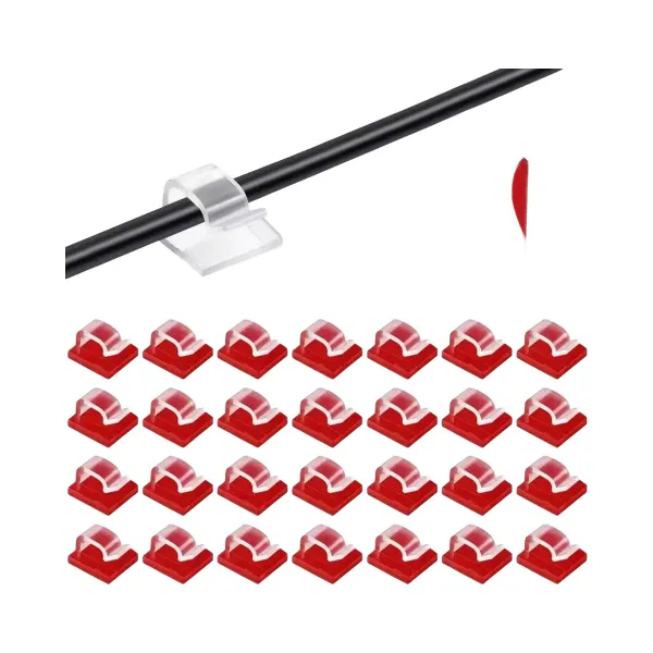 Clips adhésifs réglables pour gestion de câbles avec adhésif rouge et câble noir fixé