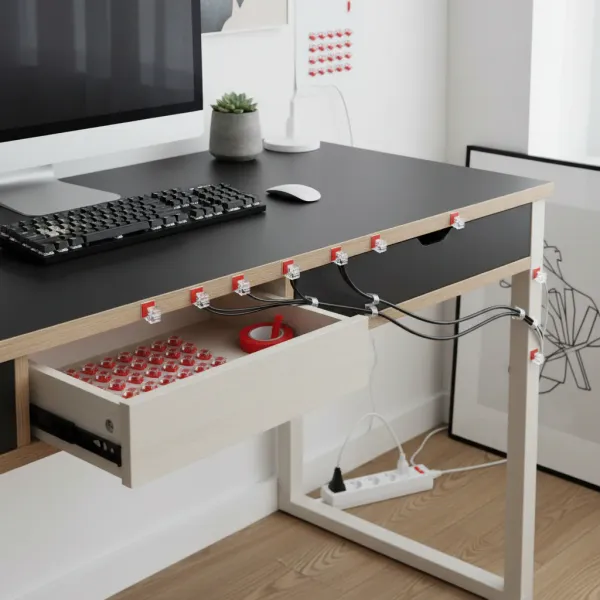 Clips adhésifs réglables pour gestion de câbles fixés sous un bureau en bois, organisant des câbles noirs