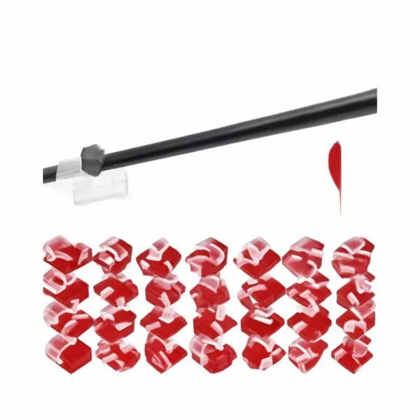 Clips adhésifs rouges transparents pour gestion de câbles réglables installés sur câble noir