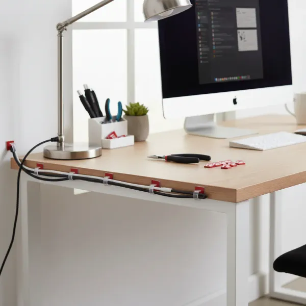 Clips adhésifs réglables fixant des câbles sous un bureau en bois clair dans un bureau moderne