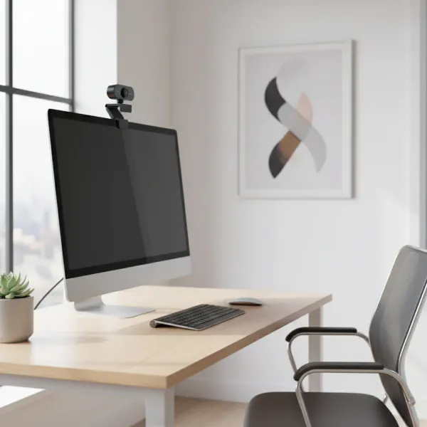 Caméra USB HD 720p avec microphone et trépied pour visioconférence et enregistrement Caméra USB HD 720p avec microphone et trépied sur écran d'ordinateur dans un bureau moderne