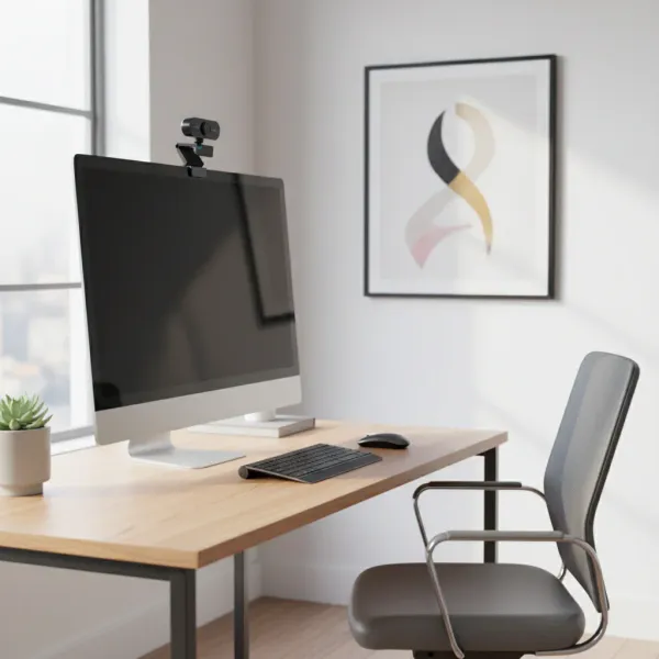 Caméra USB HD 720p avec Microphone et Trépied pour visioconférence et streaming Caméra USB HD 720p avec microphone et trépied fixée au-dessus d'un écran d'ordinateur dans un bureau moderne