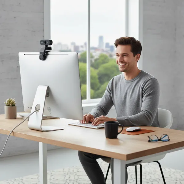 Caméra USB HD 720p avec Microphone et Trépied pour visioconférence Homme travaillant avec une caméra USB HD 720p montée sur un écran d'ordinateur, avec microphone et trépied