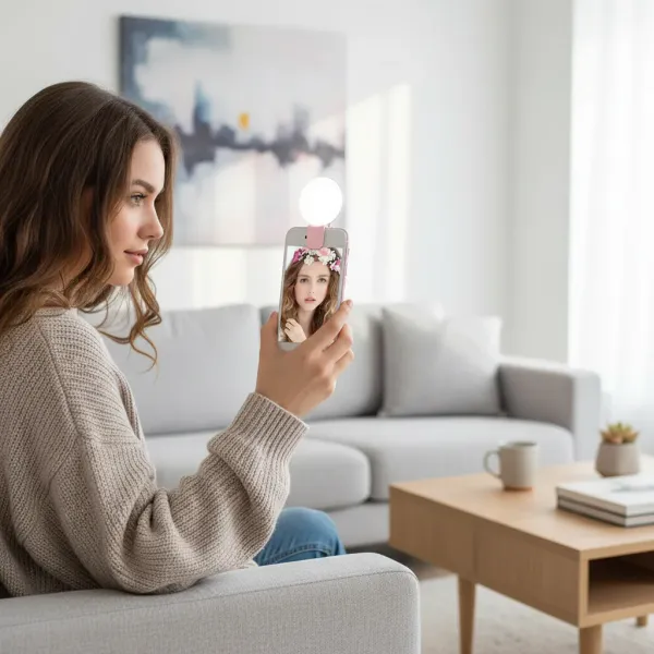 Femme utilisant anneau lumineux LED clip portable sur smartphone pour selfie avec 3 niveaux d'éclairage