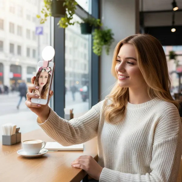 Anneau lumineux LED clip portable fixé sur smartphone utilisé pour selfie avec 3 niveaux de luminosité
