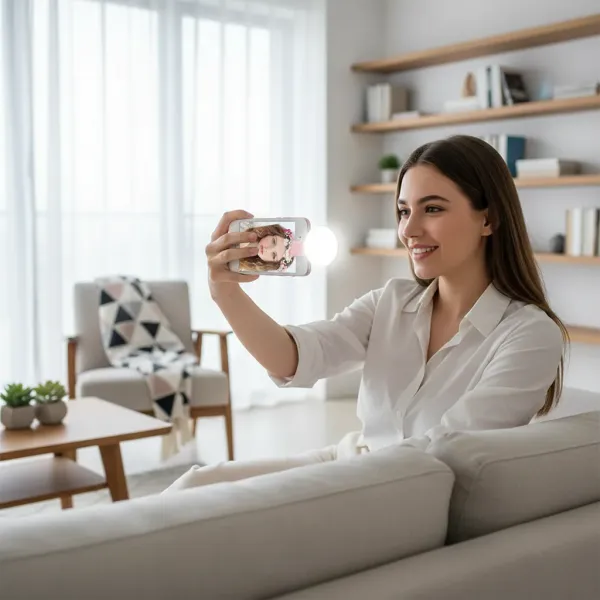 Femme utilisant un anneau lumineux LED portable clipsé sur son smartphone pour un selfie avec 3 niveaux d'intensité