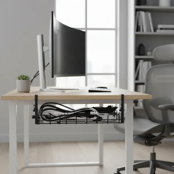 Organisateur de câbles sous bureau - Rack métal sans perçage pour un espace de travail ordonné Organisateur de câbles en métal fixé sous un bureau sans perçage avec câbles bien rangés