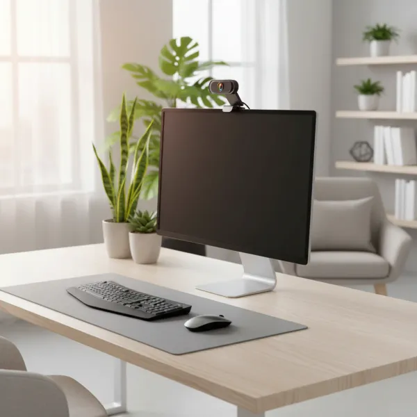 Webcam 1080P Full HD EOENKK avec microphone et trépied USB fixée au-dessus d'un écran d'ordinateur