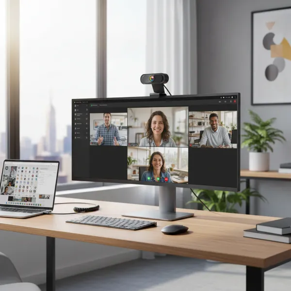 Webcam 1080P Full HD EOENKK avec microphone et trépied USB fixée sur un écran d'ordinateur pour visioconférence