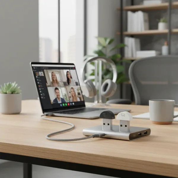 Microphone USB mini studio avec réduction de bruit connecté à un ordinateur portable pour podcast et streaming