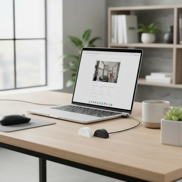 Microphone USB mini studio noir et blanc posé sur un bureau en bois relié à un ordinateur portable pour podcast et streaming