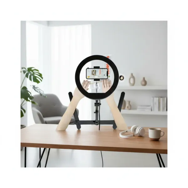 Anneau LED 10 pouces avec support plafond, éclairage dimmable pour smartphone Anneau LED 10 pouces avec support plafond pour smartphone, éclairage dimmable sur un bureau