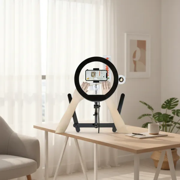 Anneau LED 10 pouces avec support plafond et fonction dimmable pour un éclairage optimal Anneau LED 10 pouces avec support plafond posé sur une table avec smartphone fixé au centre, éclairage dimmable