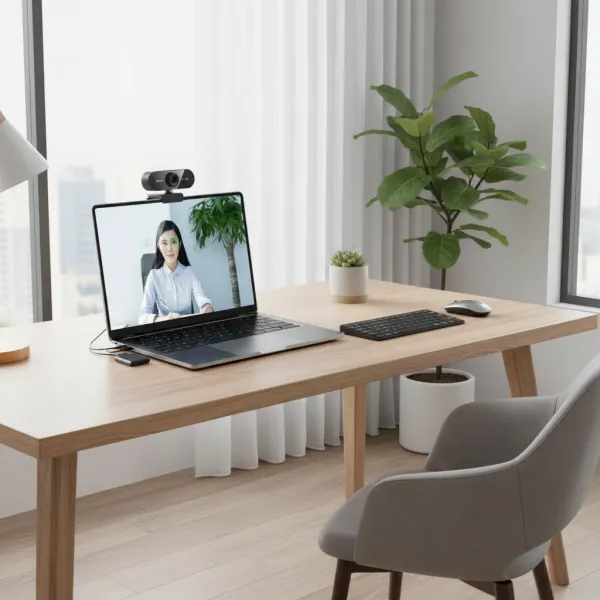 Webcam USB Full HD 1080p AKKHOO avec microphone intégré fixée sur un ordinateur portable