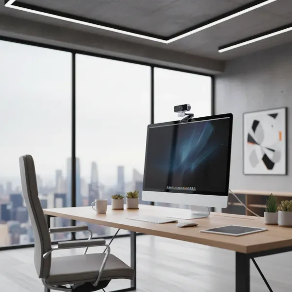 UGREEN Webcam Full HD 1080P/2K/4K avec Microphone pour Streaming et Correction Lumineuse Webcam UGREEN Full HD 1080P/2K/4K avec microphone et correction automatique de la lumière, fixée sur un écran d'ordinateur dans un bureau moderne