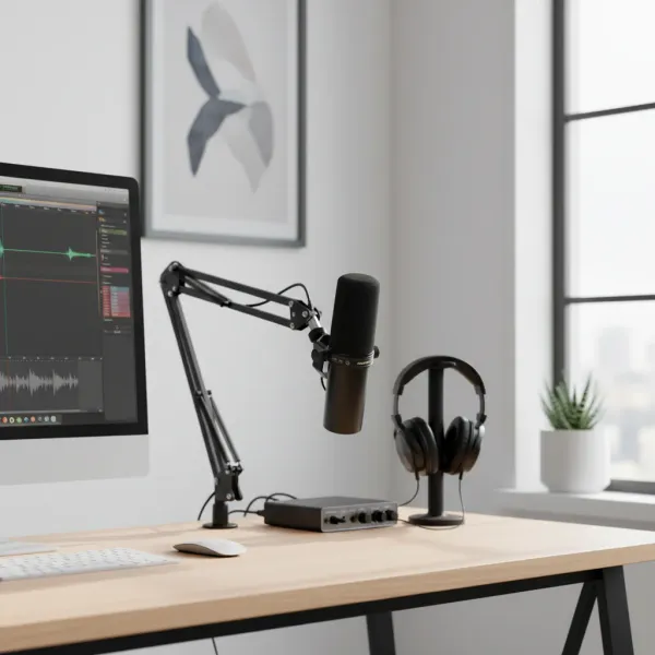 TOP Quality SM7DB microphone vocal dynamique avec préampli intégré sur bras articulé à côté d'un casque audio et d'une interface audio