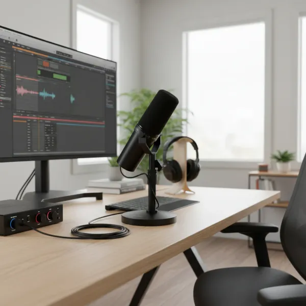 Microphone vocal dynamique SM7DB avec préampli intégré posé sur un bureau de studio audio