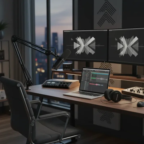 Microphone vocal dynamique SM7DB avec préampli intégré et directivité cardioïde dans un studio d'enregistrement moderne