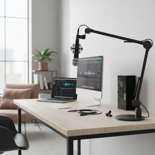 TisNite Good Handheld 58 Microphone dynamique cardioïde filaire pour enregistrement professionnel Microphone dynamique cardioïde filaire TisNite Good Handheld 58 monté sur bras articulé au-dessus d'un bureau avec ordinateur