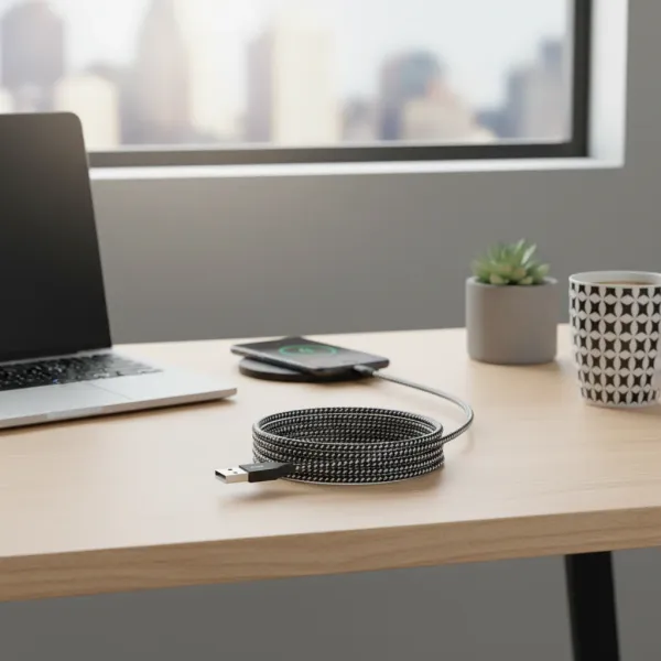 Câble USB-A vers Lightning LAIHONEN 1m - Charge rapide 12W Câble USB-A vers Lightning LAIHONEN tressé noir et blanc 1 mètre en charge sur bureau