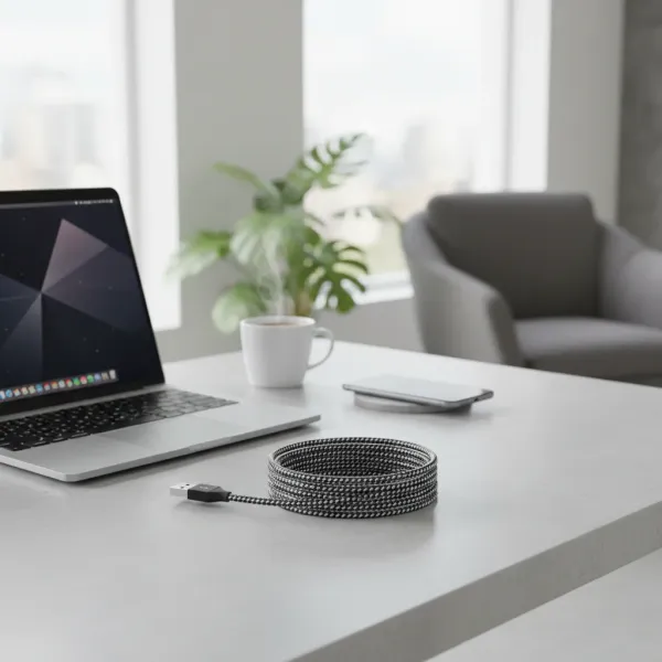 Câble USB-A vers Lightning LAIHONEN 1m charge rapide 12W Câble USB-A vers Lightning LAIHONEN de 1 mètre enroulé sur un bureau