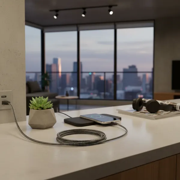 Câble USB-A vers Lightning LAIHONEN 2m - Charge rapide 12W Câble USB-A vers Lightning LAIHONEN de 2 mètres en charge rapide 12W connecté à un smartphone sur un comptoir