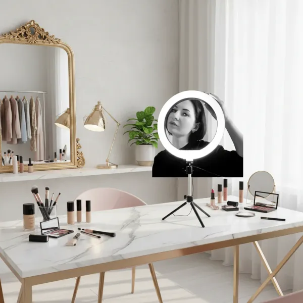 Anneau LED avec support téléphone posé sur une table de maquillage, utilisé pour selfie avec lumière dimmable USB