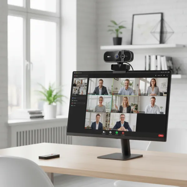 Webcam 4K EOENKK avec auto-zoom, télécommande et micro installée sur un écran d'ordinateur en visioconférence