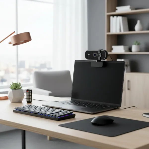 Webcam 4K EOENKK avec auto-zoom et micro installée sur un ordinateur portable avec télécommande sur un bureau moderne